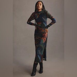 Farm Rio Long-Sleeve Mock-Neck Mesh Slim Midi Dress